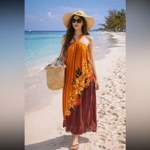 Anthropologie NWT FARM RIO HALTER MAXI COVER-UP DRESS size XS.